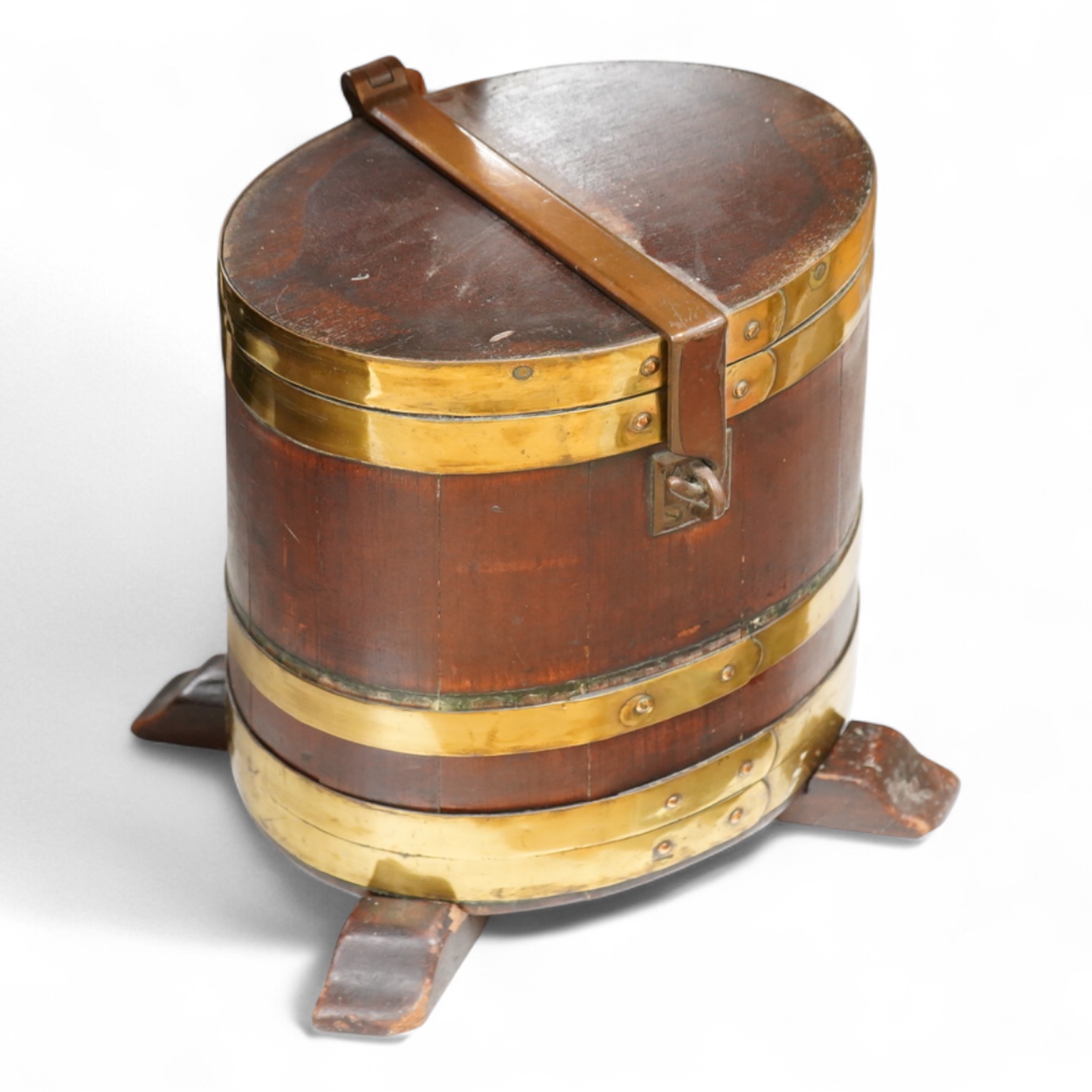 A 19th century teak and brass bound navy rum barrel on stand, 34cm high